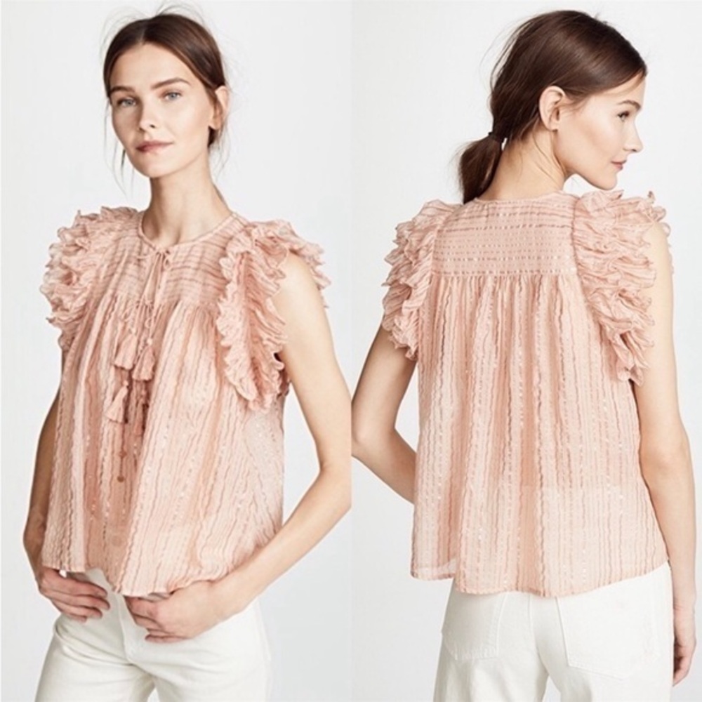 Ulla Johnson semi sheer light metallic rose gold striped ruffle sleeve top 4